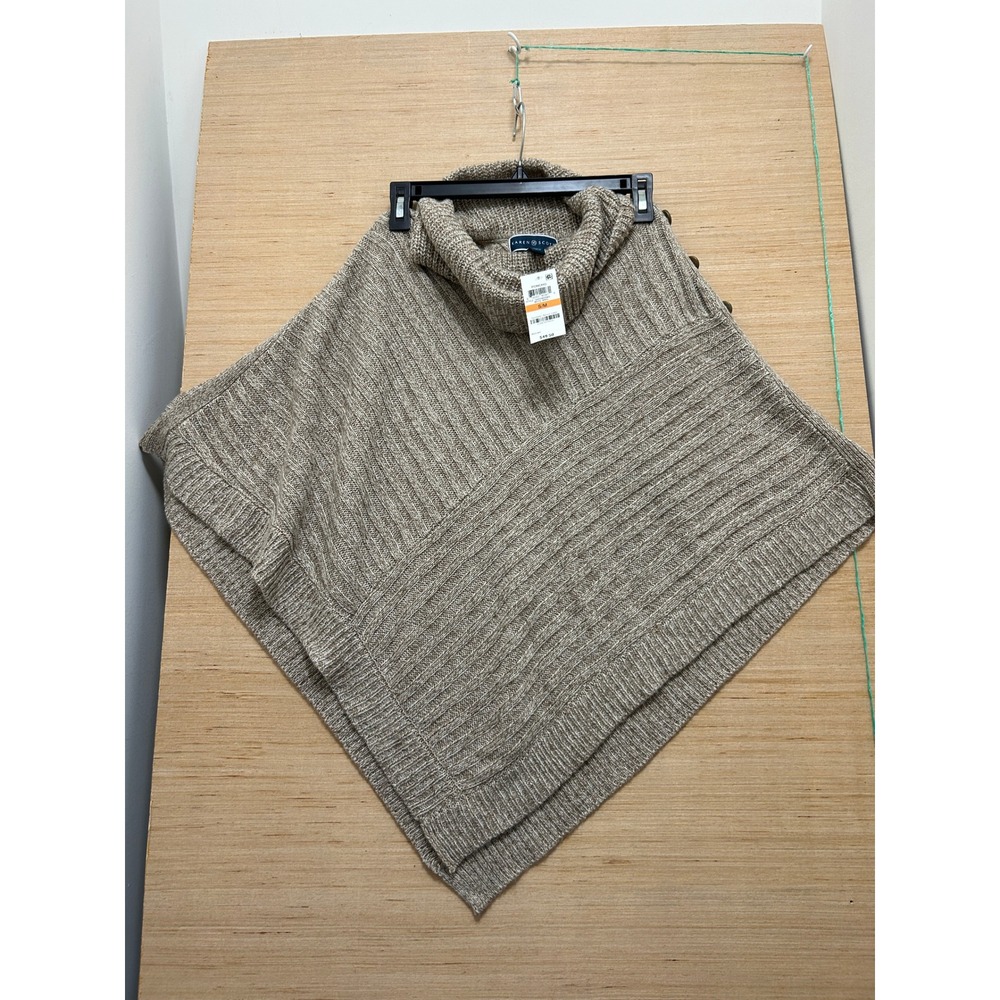 Karen Scott Tan Knit Cowl Neck Button Accent Poncho S M